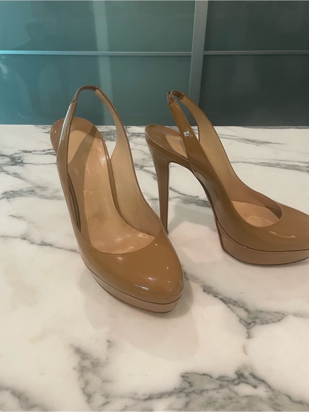 Christian Louboutin Tan Patent Slingback Platform Pumps